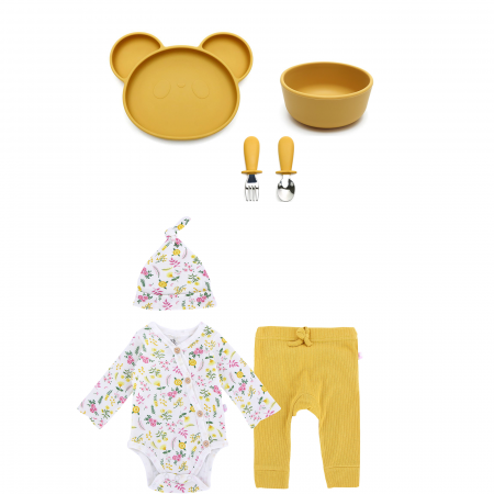 Hranire - Set de hranire pentru bebelusi si copii, 4 piese, din silicon, fara BPA+ Compleu bebe 3 piese, body cu maneca lunga, pantalon si caciula alb/portocaliu