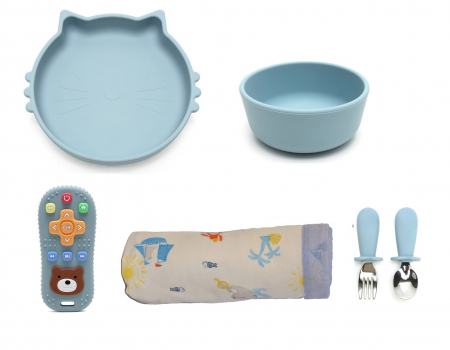 Hranire - Set de hranire pentru bebelusi si copii, 5 piese, din silicon, fara BPA+Paturica pentru Bebe, Muselina multi strat, 110x110 cm, din Bumbac, 0-5 Ani