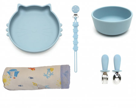 Hranire - Set de hranire pentru bebelusi si copii, 5 piese, din silicon, fara BPA+Paturica pentru Bebe, Muselina multi strat, 110x110 cm, din Bumbac, 0-5 Ani