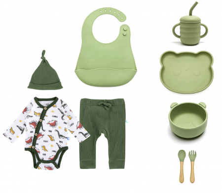 Cadouri pentru cei mici - Set de hranire pentru bebelusi si copii, 6 piese, din silicon, fara BPA+ Compleu bebe 3 piese, body cu maneca lunga, pantalon si caciula alb/verde