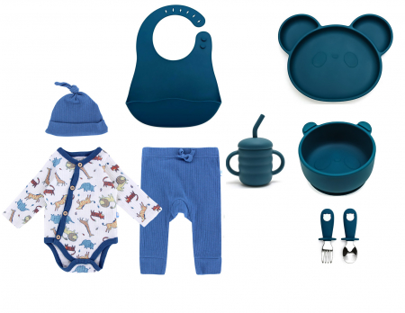 Imbracaminte si accesorii - Set de hranire pentru bebelusi si copii, 6 piese, din silicon, fara BPA+ Compleu bebe 3 piese, body cu maneca lunga, pantalon si caciula multicolor