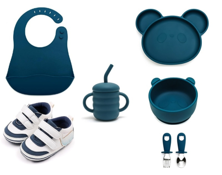 Seturi Cadou - Set de hranire pentru bebelusi si copii, 6 piese, din silicon, fara BPA+Pantofiori albi pentru baietei, 3-6 luni