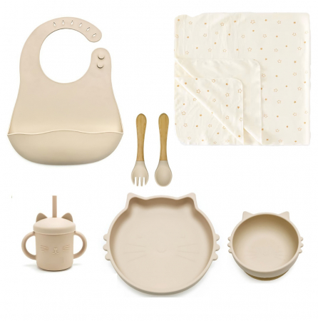 Cadouri pentru cei mici - Set de hranire pentru bebelusi si copii, 6 piese, din silicon, fara BPA+Paturica bumbac, subtire si placuta la atingere