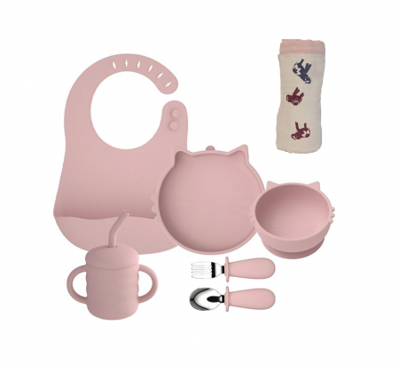 Cadouri pentru cei mici - Set de hranire pentru bebelusi si copii, 6 piese, din silicon, fara BPA+Paturica pentru Bebe, Muselina multi strat, 110x110 cm, din Bumbac, 0-5 Ani, Model Animale