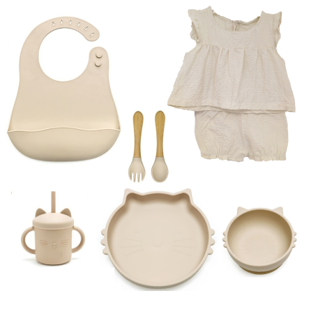 Seturi Cadou - Set hrănire bebeluși 6 piese silicon fără BPA cu ventuză + compleu verde pastel bumbac | AllBebe