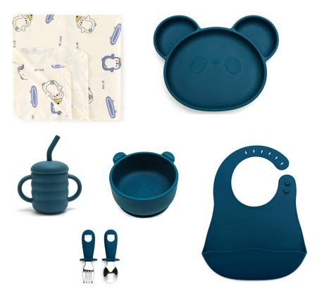Seturi Cadou - Set hrănire bebeluși 6 piese silicon fără BPA cu ventuză + păturică bumbac moale | AllBebe