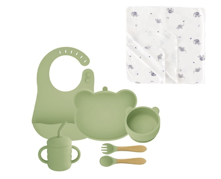 Seturi Cadou - Set hrănire bebeluși 6 piese silicon fără BPA + păturică bumbac | AllBebe