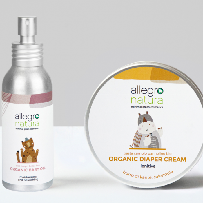 Pachet: Ulei organic de corp 100 ml + Cremă organică pentru zona scutecului 150 ml [1]