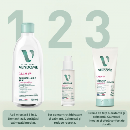Pachet Calm V: Apă micelară 400 ml + Ser hidratant 30 ml + Cremă hidratantă 50 ml [1]
