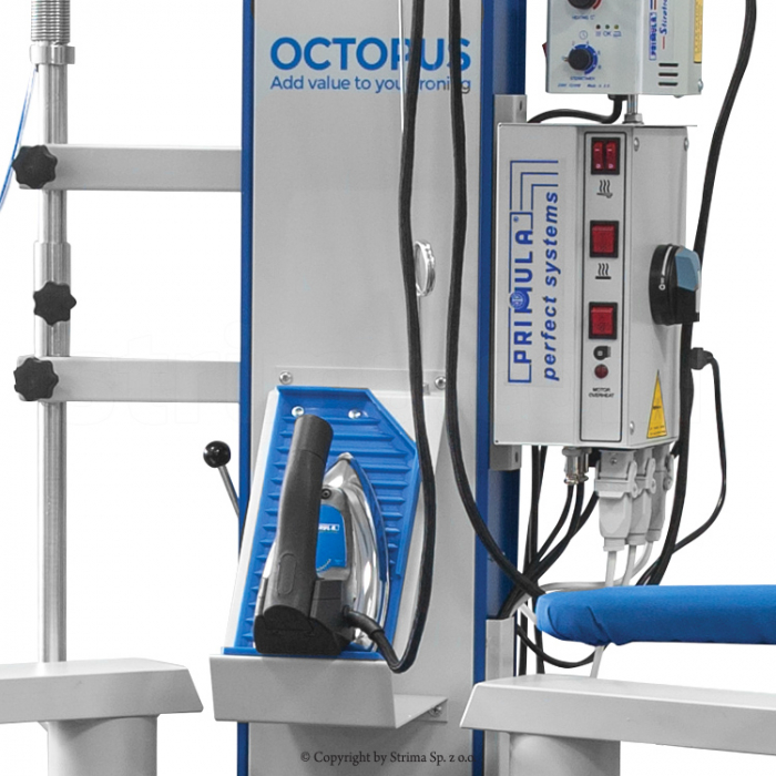 Multi-purpose ironing table with electronic irons and controller lining spraying system and PTFE foot [5]