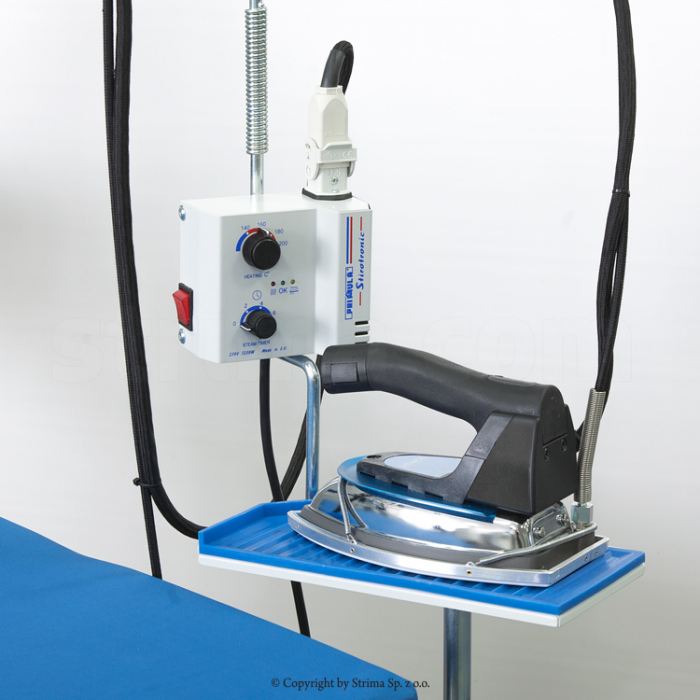 Multi-purpose ironing table with electronic irons and controller lining spraying system and PTFE foot [7]