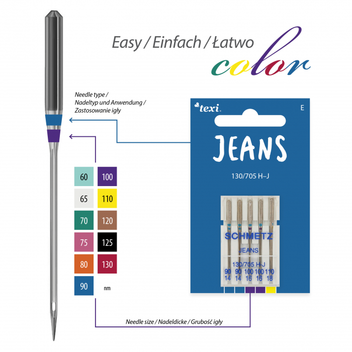 Ace de blugi pentru mașini de uz casnic, 5 buc, dimensiune 90x2, 100x2, 110x1  TEXI JEANS 130/705 H-J 2x90 2x100 1x110 [2]