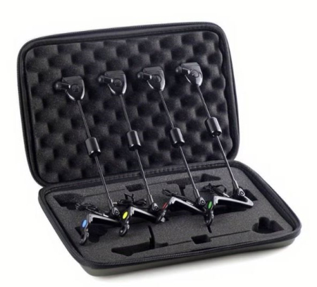 Sisteme de semnalizare pescuit - Set 4 Swingere Almarox Black, cu penar pentru transport, greutate reglabila, iluminare led in culori diferite, mufa jack