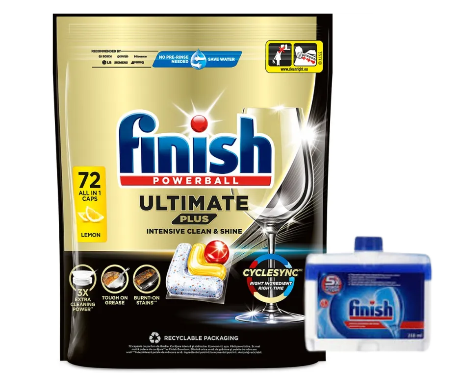 Finish Ultimate Plus Lemon 72 capsule + Finish solutie curatare masina vase regular 250 ml [1]