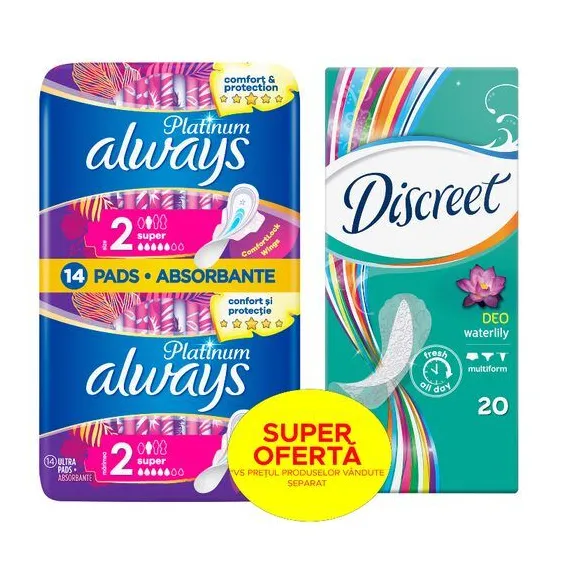 ALWAYS ABSORBANTE 14BUC PLATINUM SUPER+DISCREET ABSORBANTE ZILNICE 20BUC DEO WATERLILY [1]