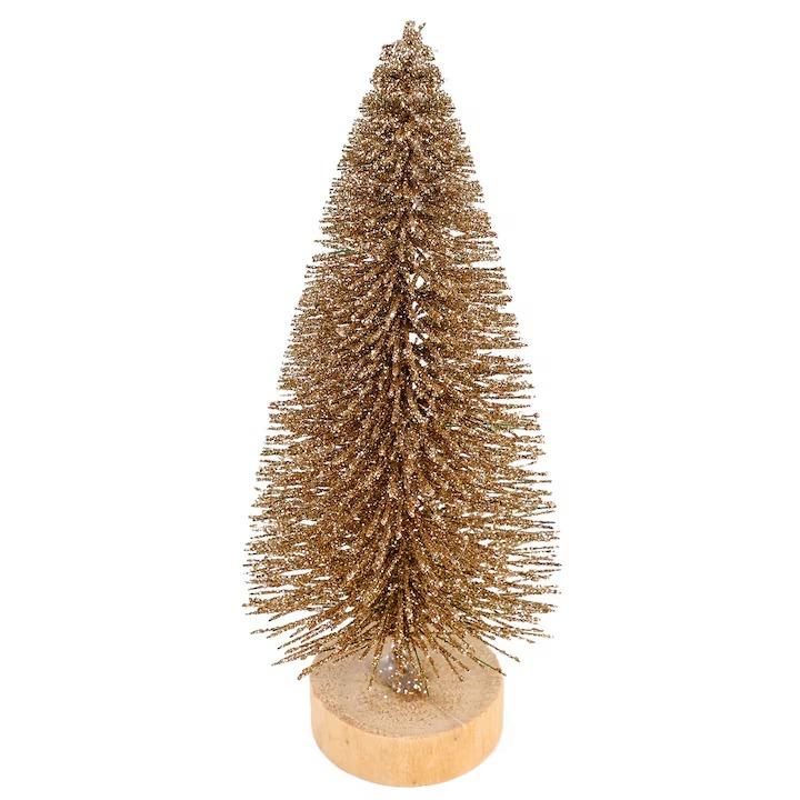 Decoratiune Craciun, Brad cu Suport din Lemn, 15 cm, Auriu [1]