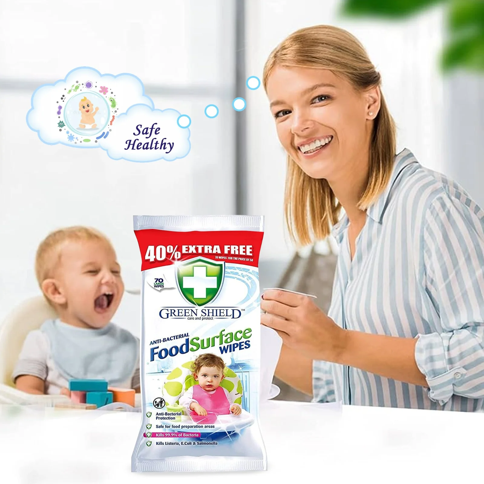 Servetele Umede Antibacteriene Pentru Curatare Suprafete Alimentare, Green Shield, 70 buc [3]