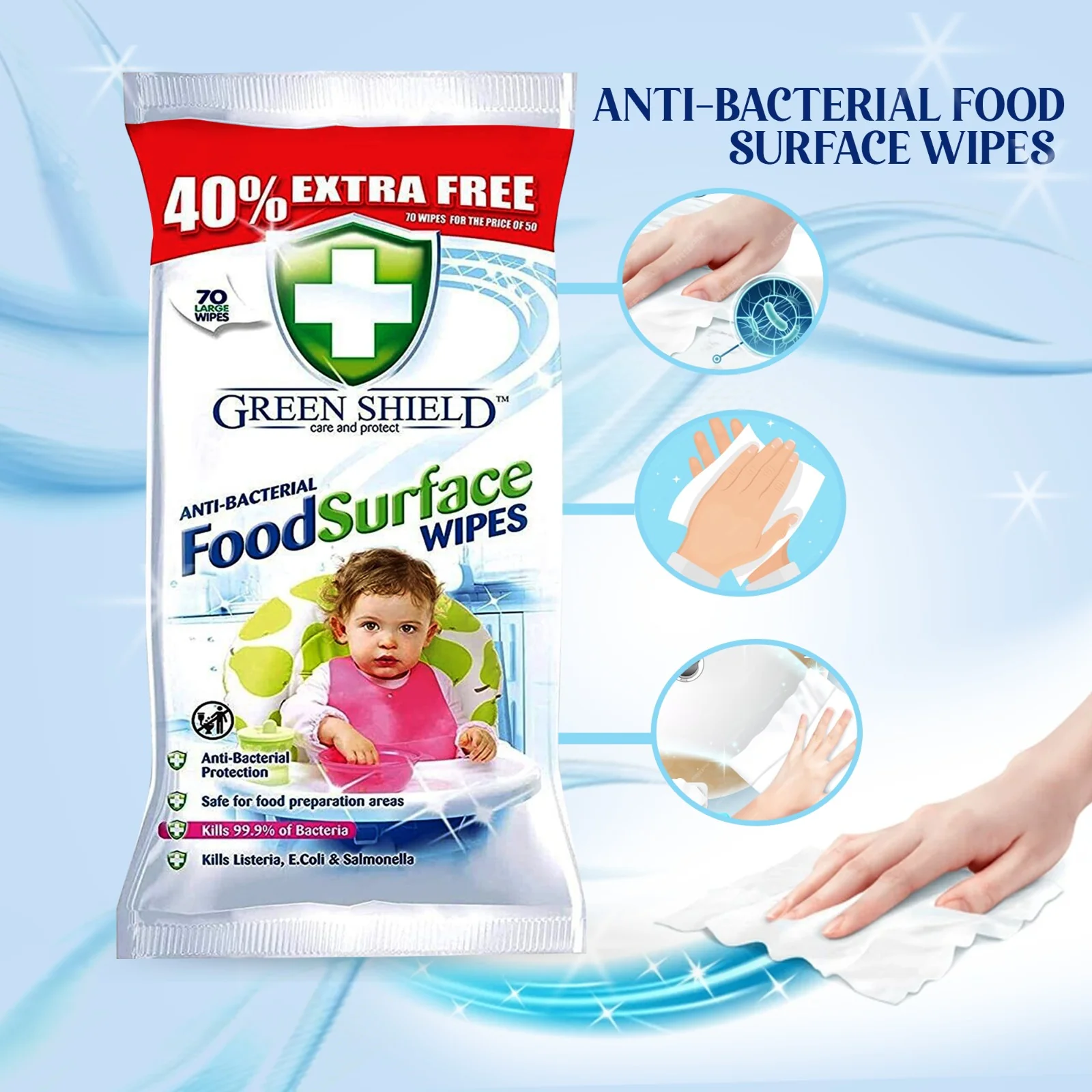 Servetele Umede Antibacteriene Pentru Curatare Suprafete Alimentare, Green Shield, 70 buc [2]