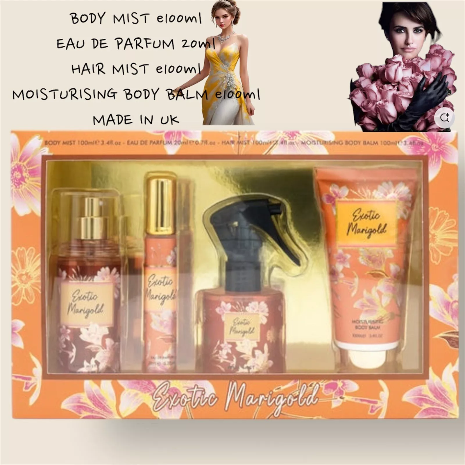 Set Cadou pentru Femei, Exotic Marigold, Body Mist 100 ml, Apa de Parfum 20 ml, Spray Par 100 ml, Crema Hidratanta Corp 100 ml, Inspirat de Victoria`s Secret - Pure Seduction [3]