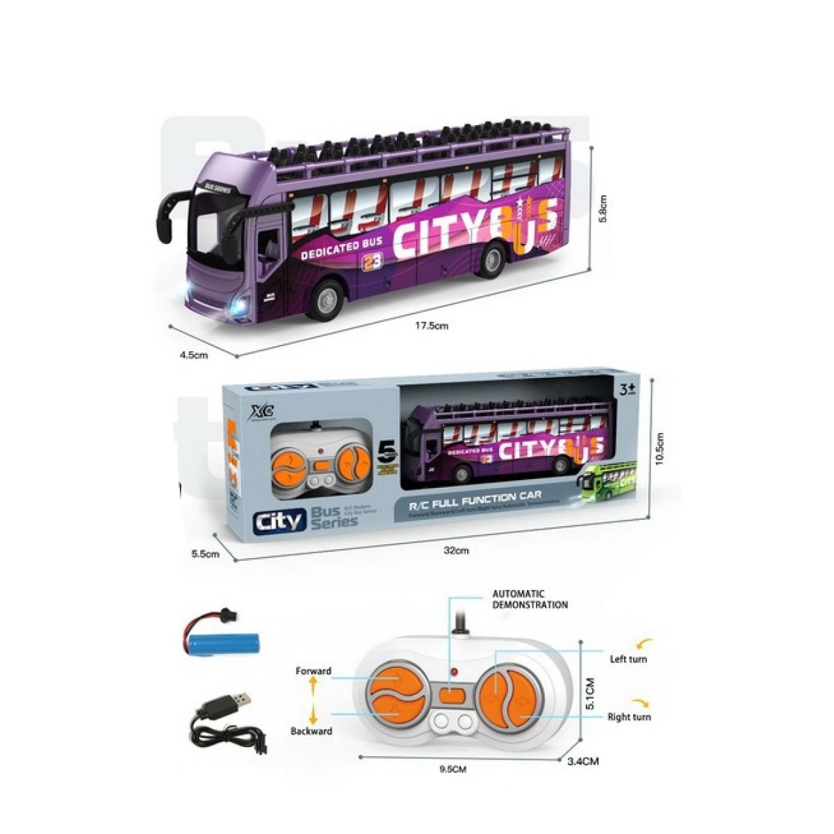 Jucarii copii - Con Autobuz Turistic Supraetajat Cu Telecomanda+5functii+lumini+usb 3+