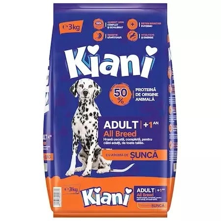Hrana, Accesorii si Ingrijire Animale - Hrana Uscata Pentru Caini Adulti + 1 An, Kiani, Aroma de Sunca, 3kg