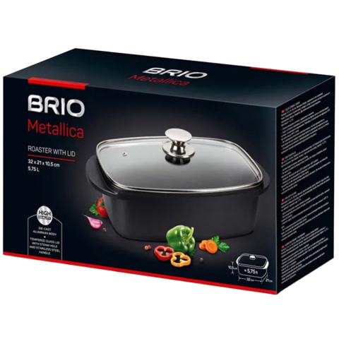 Oale, Tigai si Cratite - BRIO METALLICA TAVA ALUMINIU CU MANERE SI CAPAC STICLA 5,75 L
