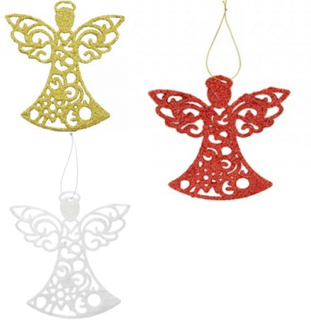 Articole Craciun - Decoratiune Brad, Ingerasi cu Sclipici, Auriu, Argintiu si Rosu, 10 cm, 3 buc