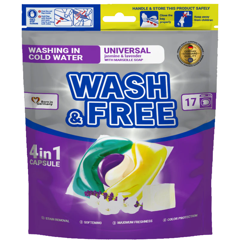 Detergent Capsule - Detergent capsule pentru rufe WASH & FREE Jasmine & Lavender cu săpun de Marsilia 17 capsule