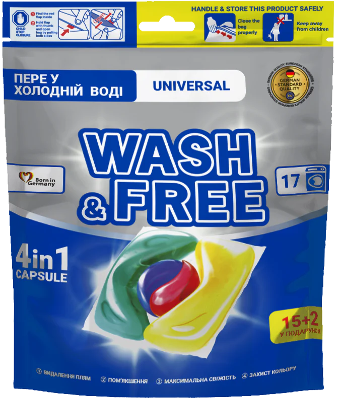 Detergent Capsule - Detergent de rufe capsule Wash&Free Universal 4in1, 17 spalari