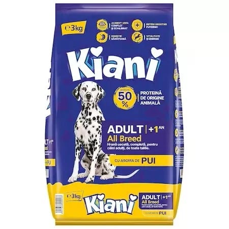Hrana, Accesorii si Ingrijire Animale - Hrana Uscata Pentru Caini Adulti + 1 An, Kiani, Aroma de Pui, 3 kg