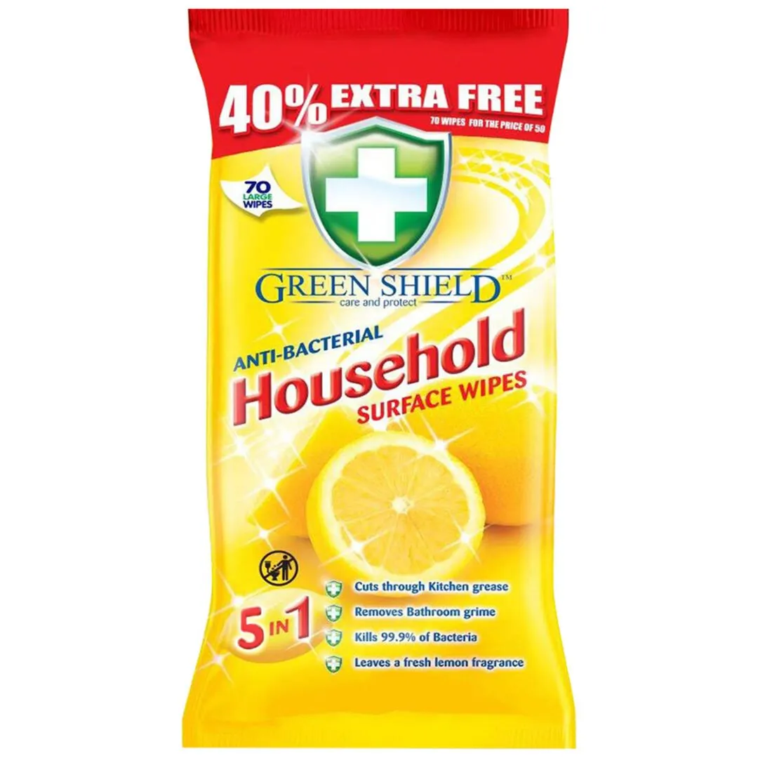 Produse de Curatenie - Servetele Umede Antibacteriene Pentru Curatare Suprafete, Green Shield, 70 buc