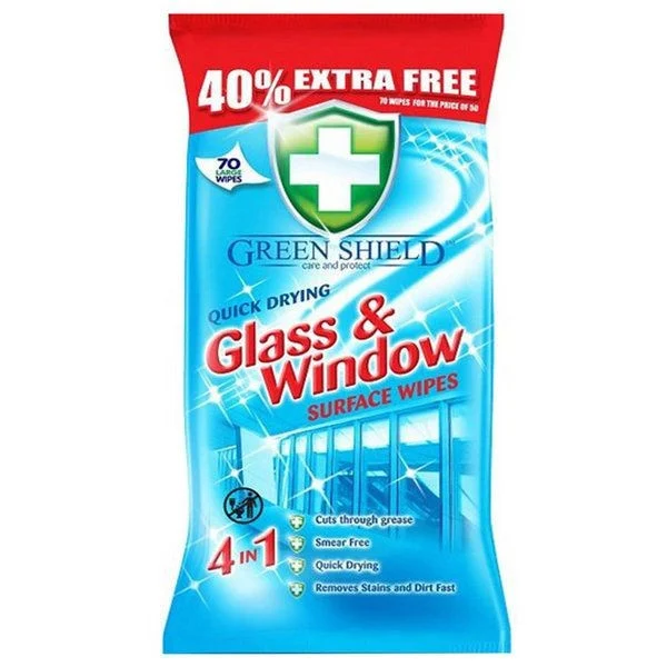 Produse de Curatenie - Servetele Umede Pentru Curatare Suprafete din Sticla, Green Shield, Glass & Window, 70 buc
