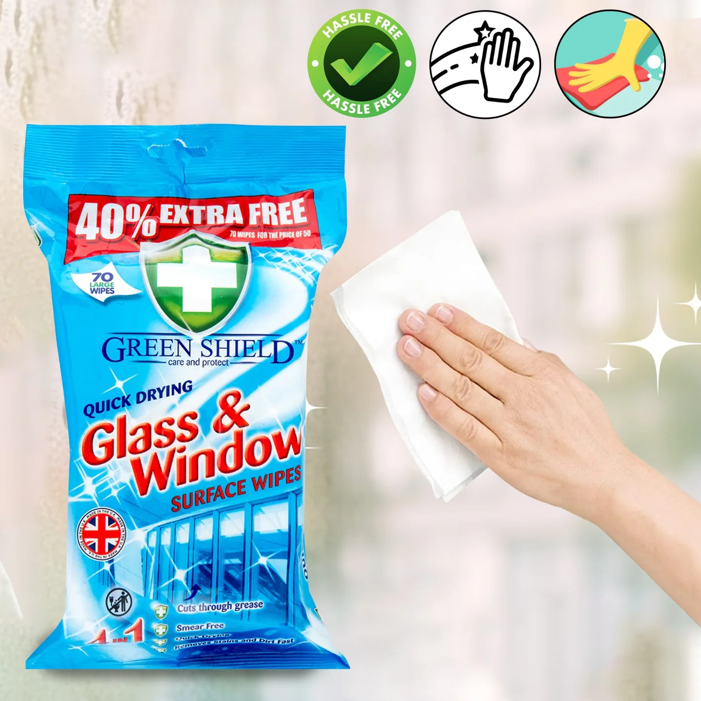 Servetele Umede Pentru Curatare Suprafete din Sticla, Green Shield, Glass & Window, 70 buc [2]
