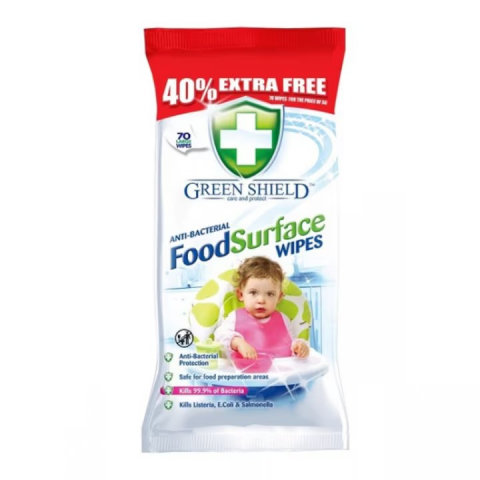 Produse de Curatenie - Servetele Umede Antibacteriene Pentru Curatare Suprafete Alimentare, Green Shield, 70 buc