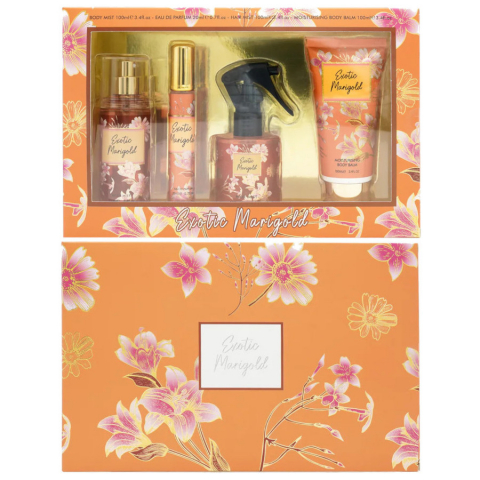 Ingrijire Personala - Set Cadou pentru Femei, Exotic Marigold, Body Mist 100 ml, Apa de Parfum 20 ml, Spray Par 100 ml, Crema Hidratanta Corp 100 ml, Inspirat de Victoria`s Secret - Pure Seduction