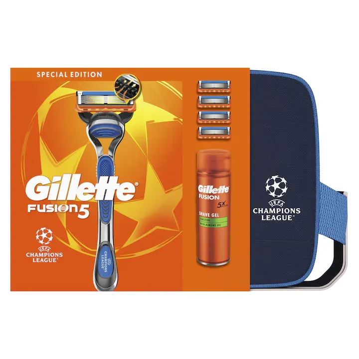 Pentru Barbati - Set UEFA Champions League Special Edition Gillette Fusion5: Aparat de ras, maner + 4 rezerve, Gel de ras Sensitive cu ulei de migdale 200 ml