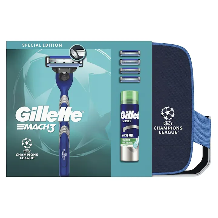 Pentru Barbati - Set UEFA Champions League Special Edition Gillette Mach3: Aparat de ras, maner + 4 rezerve, Spuma de ras Gillette Series Sensitive cu aloe vera 200 ml