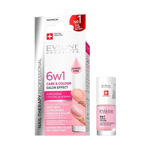 Manichiura si Pedichiura - Tratament Profesional Pentru Unghii 6 in 1, Eveline, Care & Colour, Shimmer Pink, 5 ml