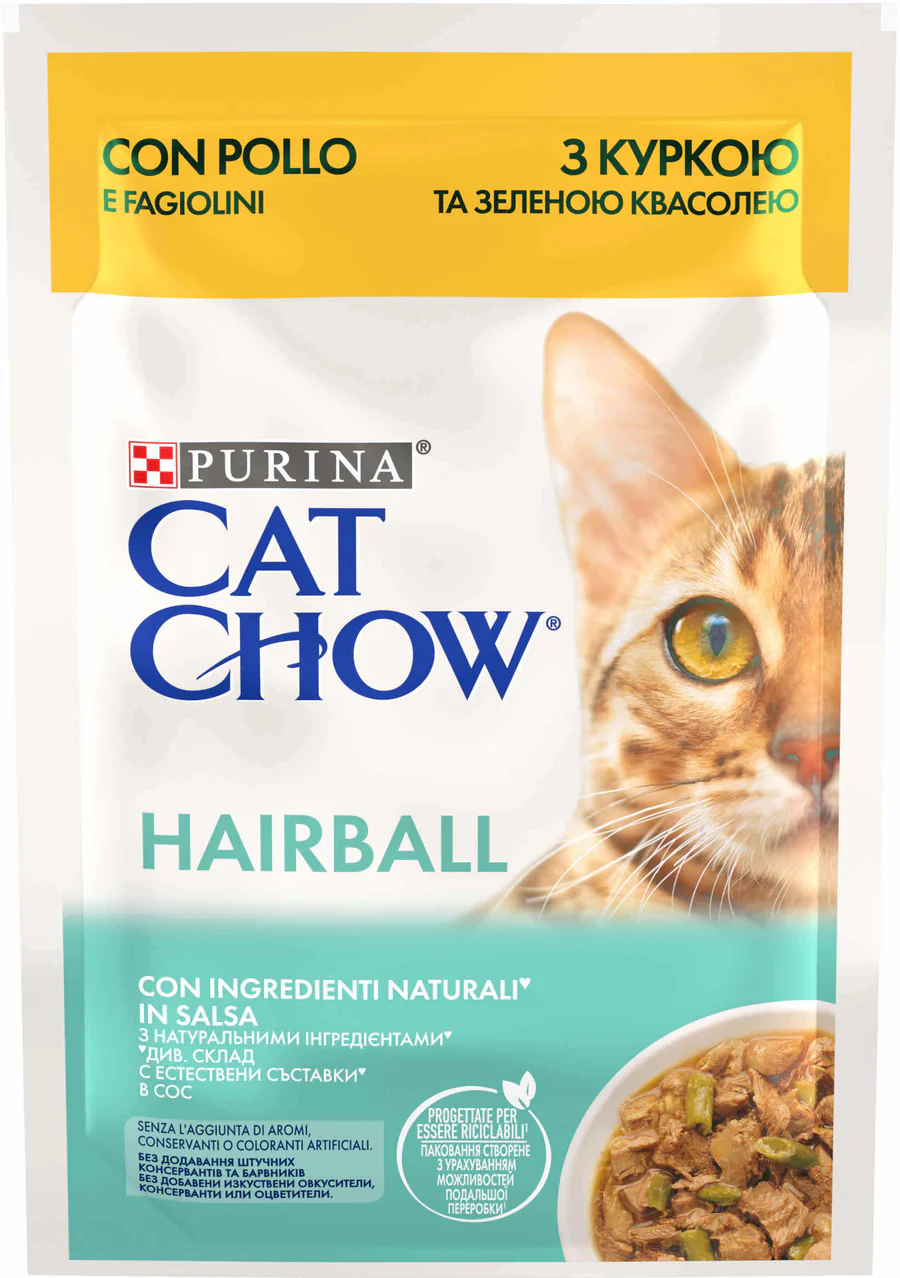 Hrana umeda pisici - CAT CHOW HAIRBALL Plic hrană umedă cu Pui şi Fasole verde 85g