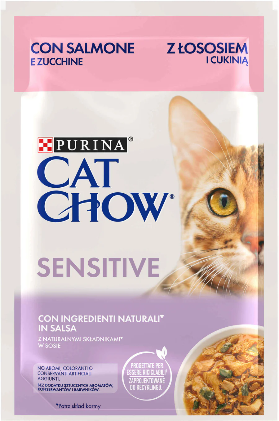 Hrana umeda pisici - CAT CHOW SENSITIVE Plic hrană umedă cu Somon şi Zucchini 85g