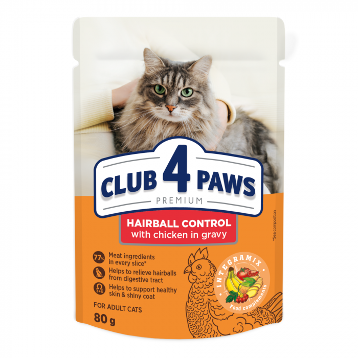 Hrana umeda pisici - CLUB 4 PAWS Hairball control, Plic hrana umeda pisici adulte, Pui in sos, 80g