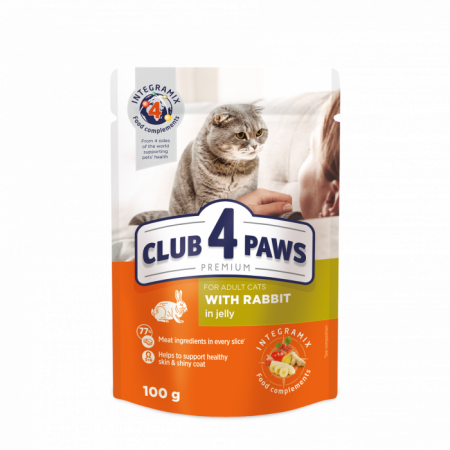 Hrana umeda pisici - CLUB 4 PAWS Plic hrana umeda pisici adulte, Iepure in jeleu 100g