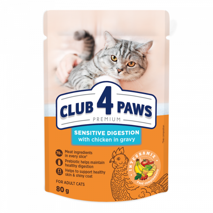 Hrana umeda pisici - CLUB 4 PAWS Sensitive digestion, Plic hrana umeda pisici adulte, Pui in sos, 80g