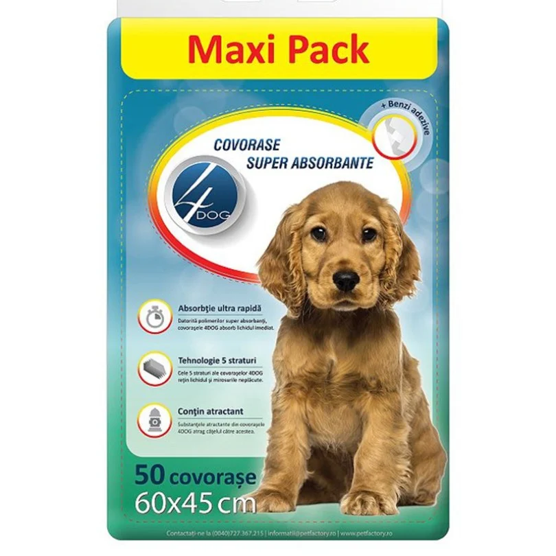 Covorase absorbante, Scutece - Covorase absorbante, 4Dog, 60x45cm, 50 buc