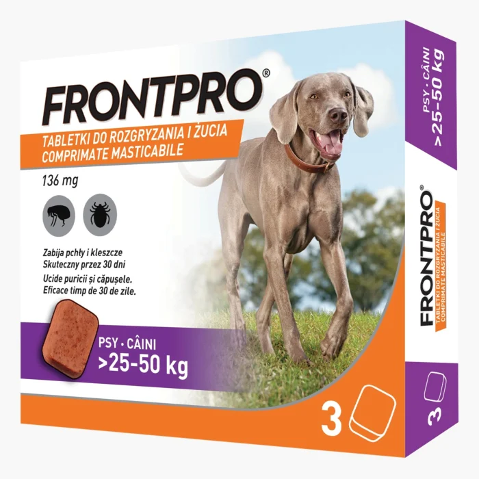 Antiparazitare interne si externe - FrontPro 136 mg comprimate masticabile împotriva puricilor și căpușelor pentru câini 25-50 kg - 3 comprimate