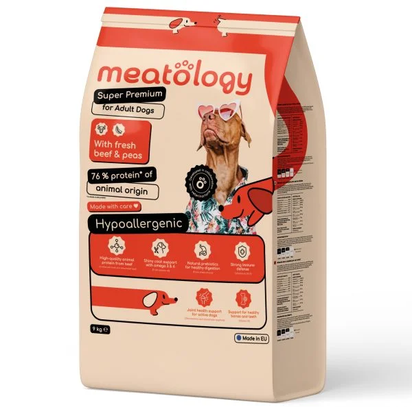 CAINI - Hrana uscata Meatology pentru Caini Adulti Super Premium Hipoalergenica cu Carne Proaspata – Vita si Mazăre 9 Kg