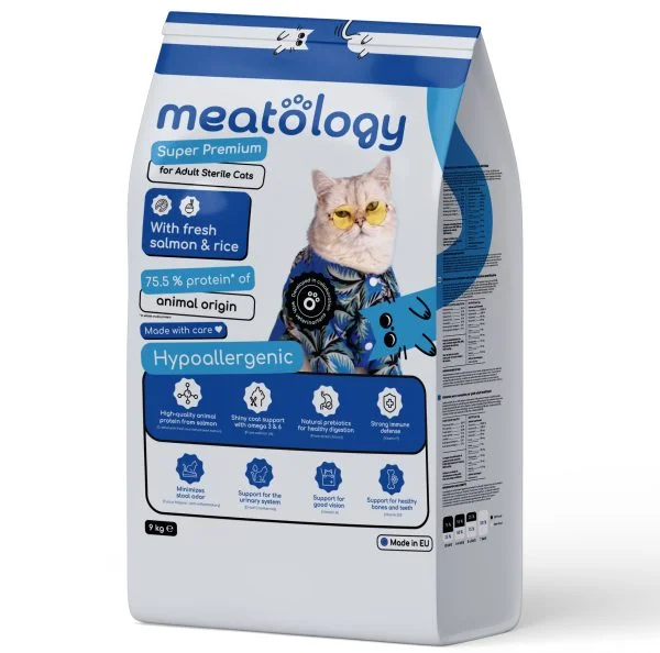 PISICI - Hrana uscata Meatology pentru Pisici Adulte Sterile Super Premium Hipoalergenica cu Carne Proaspata- Somon si Orez 9 Kg