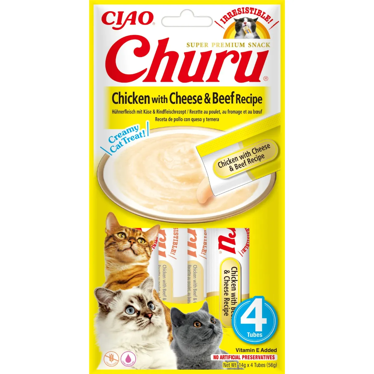 Recompense pisici - INABA CHURU Recompensă pt. pisici, Piure Pui cu Brânză, Pachet 4 plicuri x 14