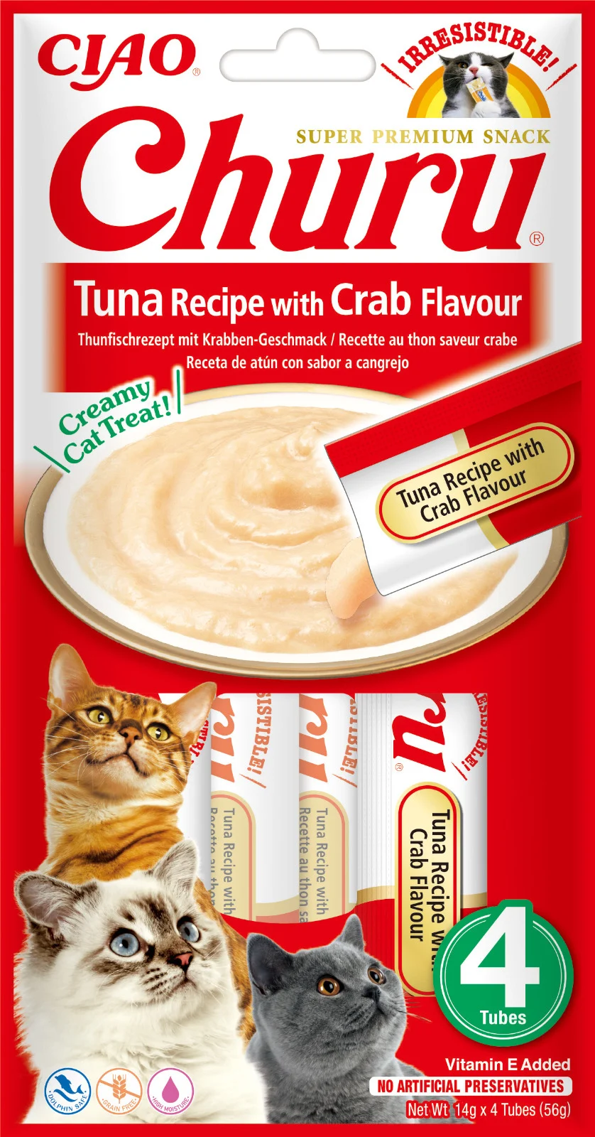 Recompense pisici - INABA CHURU Recompensă pt. pisici, Piure Ton cu Crab, Pachet 4 plicuri x 14