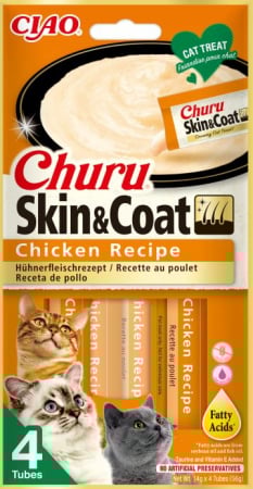 Recompense pisici - INABA CHURU Recompensă pt. pisici, Skin & Coat Baton cu Pui, Pachet cu 4 bucăţi x 15g